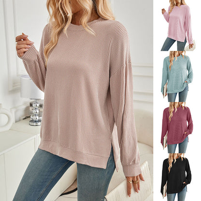 Women's Wave Striped Loose Long Sleeve Slit Sweater