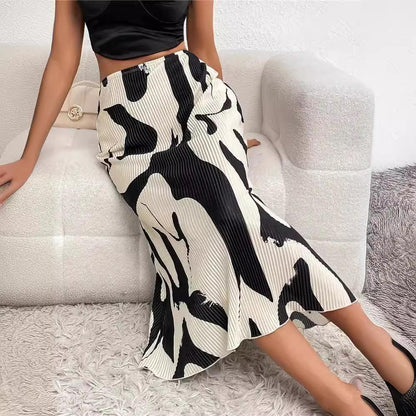 Pattern Print Pleated Maxi Skirt Women's High Waist Stretch Geometric Skirt Streetwear 2024 Autumn