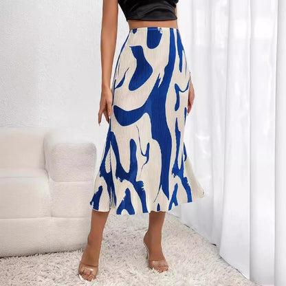 Pattern Print Pleated Maxi Skirt Women's High Waist Stretch Geometric Skirt Streetwear 2024 Autumn