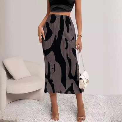 Pattern Print Pleated Maxi Skirt Women's High Waist Stretch Geometric Skirt Streetwear 2024 Autumn