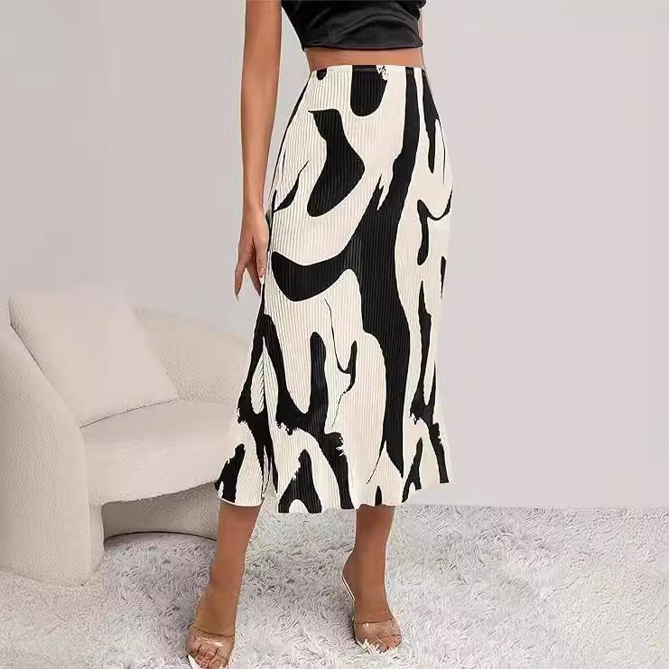 Pattern Print Pleated Maxi Skirt Women's High Waist Stretch Geometric Skirt Streetwear 2024 Autumn