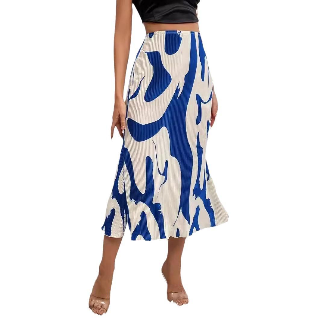 Pattern Print Pleated Maxi Skirt Women's High Waist Stretch Geometric Skirt Streetwear 2024 Autumn