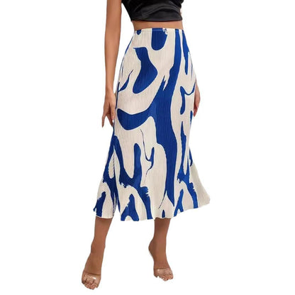 Pattern Print Pleated Maxi Skirt Women's High Waist Stretch Geometric Skirt Streetwear 2024 Autumn